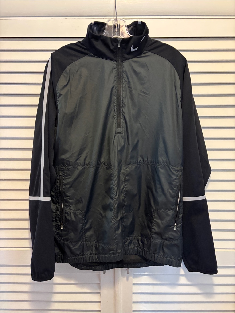 Nike Black Windbreaker Jacket with White Stripe Accents